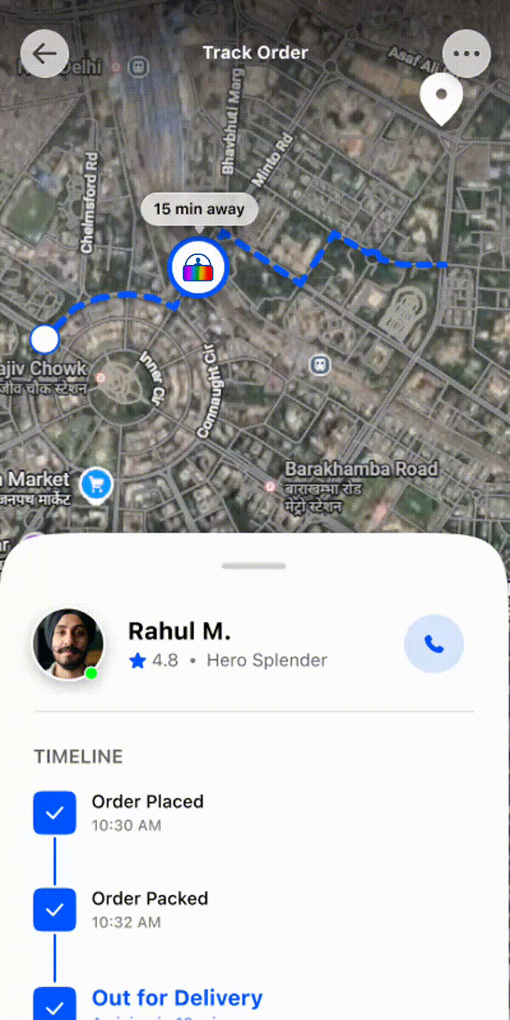 Live map order tracking with courier profile, route, ETA, and delivery timeline—example of gig work location confirmation